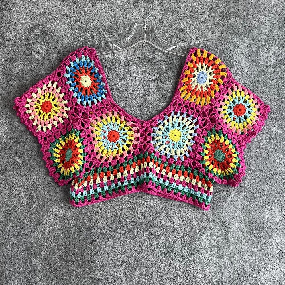 Handmade Crochet Knit Top Womens M Multicolor Boho Festival Whimsical